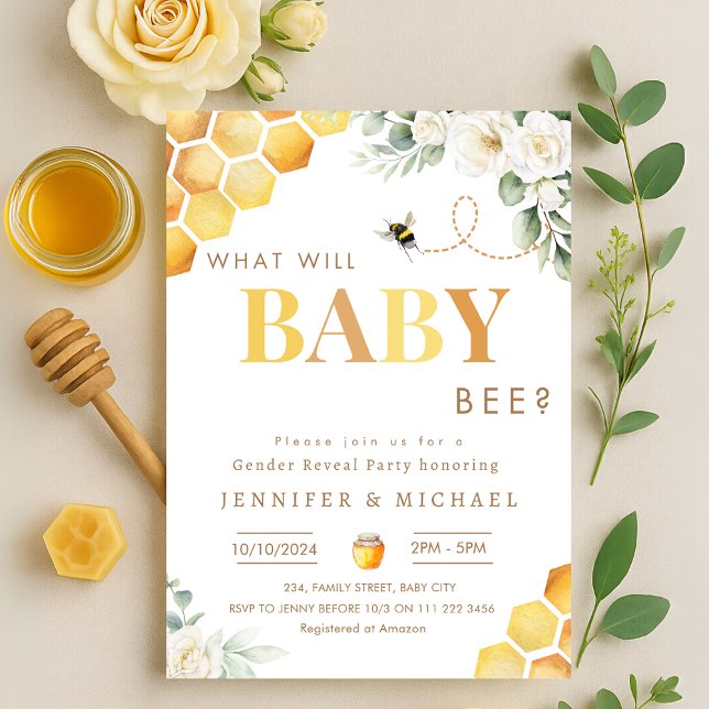 Bin Gender Visa Party Neutralt vad som kommer att  Inbjudningar (Bee Gender Reveal Party What Will Baby Bee Invitation)