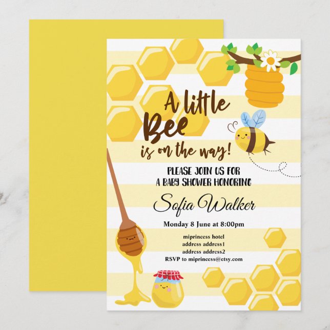 bin, honungsbin, honungskomb, babydusch inbjudningar (Fram/baksida)