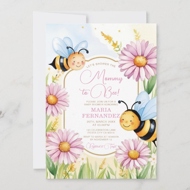 Bin Mamma till Bee Baby Shower Rosa Solblommor Inbjudningar (Framsida)