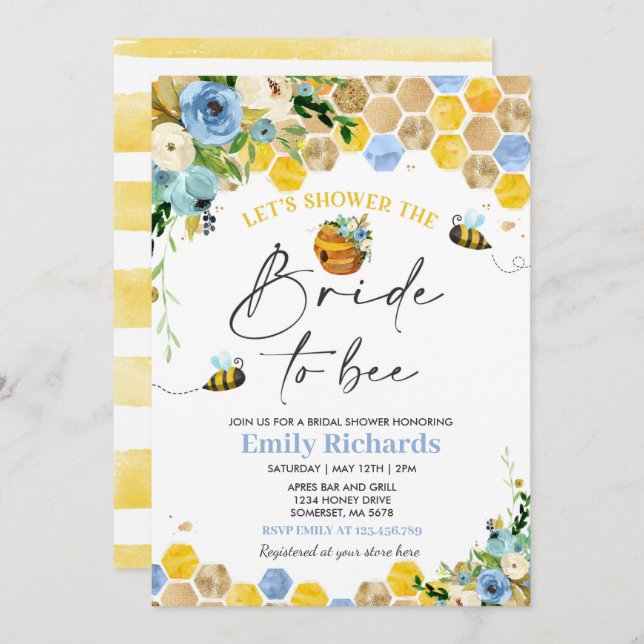 Bin Möhippa Blue & Guld Blommigt till bin Inbjudningar (Fram/baksida)