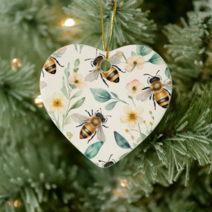 Bin och blommor - Blommigt av Cream Honungsbin Mön Julgransprydnad Keramik