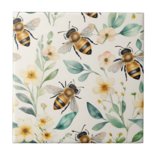 Bin och blommor - Blommigt av Cream Honungsbin Mön Kakelplatta