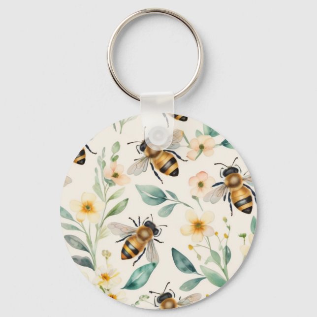 Bin och blommor - Blommigt av Cream Honungsbin Mön Nyckelring (Framsida)