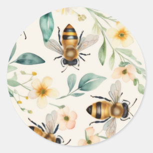 Bin och blommor - Blommigt av Cream Honungsbin Mön Runt Klistermärke