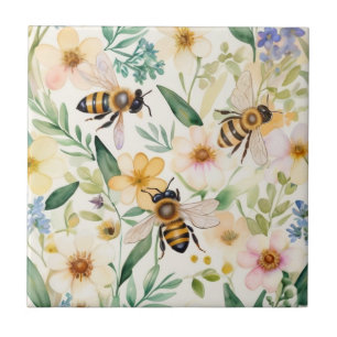 Bin och blommor - Söt Blommigt Honungsbin Mönster Kakelplatta