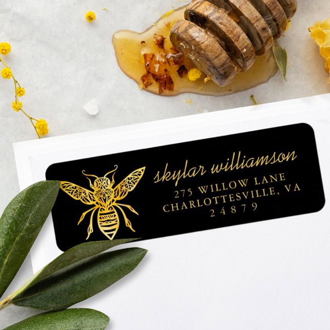 Bin och Bloom Blommigt Elegant och dekorativ honun Returadress Etikett (Bees & Bloom Floral Elegant & Decorative Honey Bee Label)
