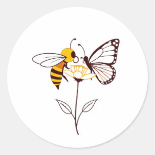 Bin och fjäril på blomman Naturinspirerad Stisk Runt Klistermärke