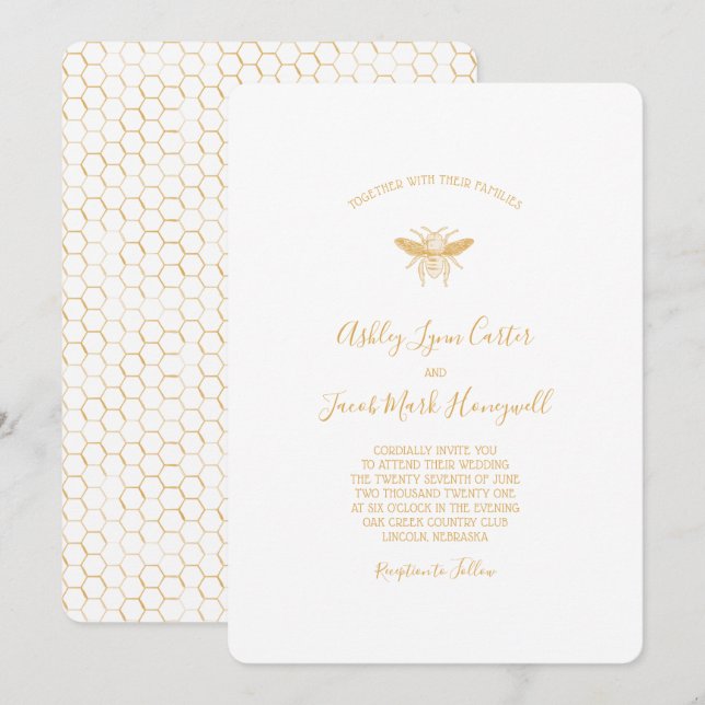 Bin och Golden Honeycomb Mönster 2 Inbjudningar (Fram/baksida)