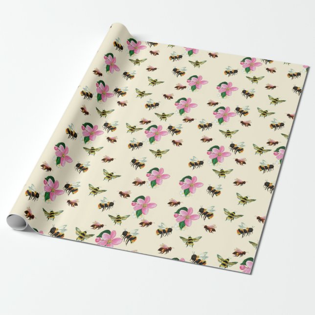 Bin och humlor och blommar av frukt i vår presentpapper (Utrullad)