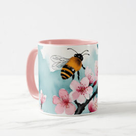 Bin och Rosa Cherry-Blommar med Blå himmel Mugg