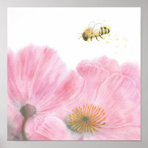 Bin och Rosa Flowers Färgpenna Nursery Art Poster