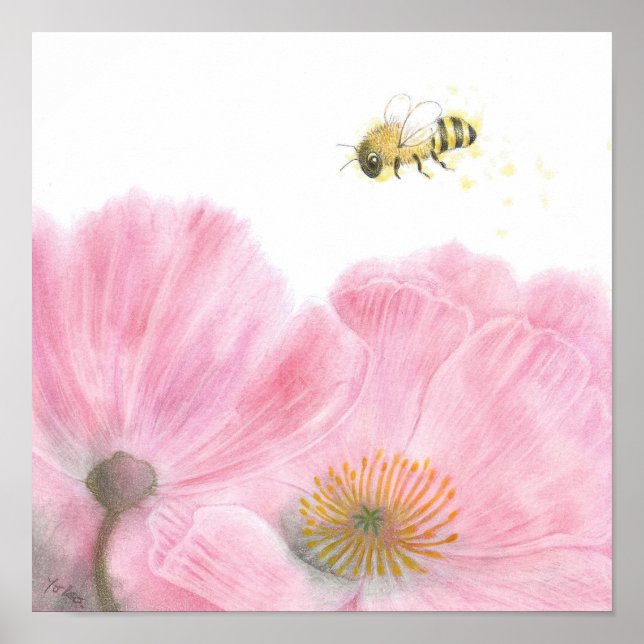 Bin och Rosa Flowers Färgpenna Nursery Art Poster (Framsidan)