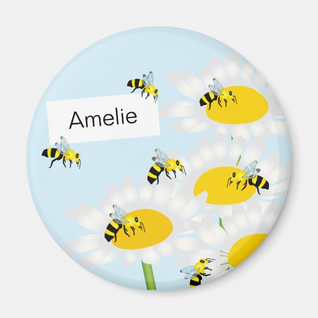 Bin på blommande runda magnet - blå bakgrund (Framsidan)