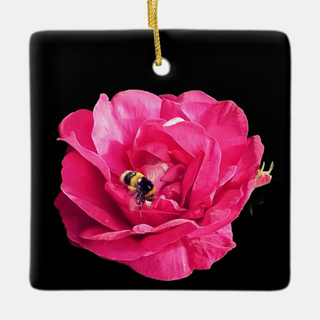 Bin på en rosa blomma julgransprydnad keramik (Framsida)