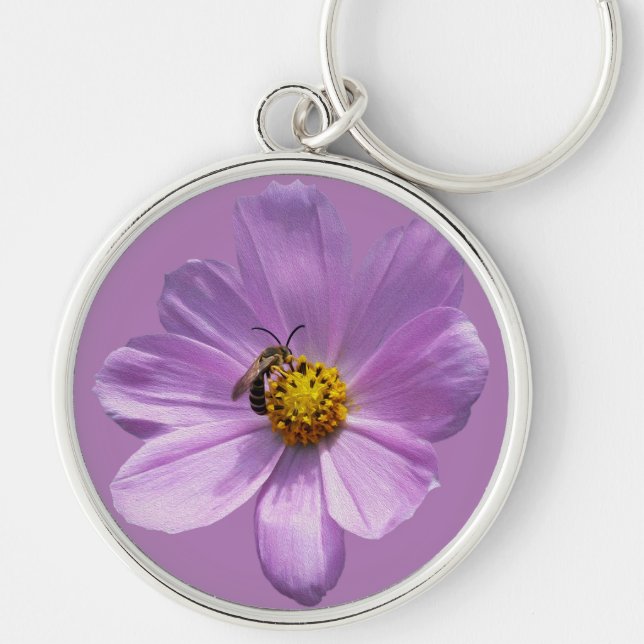 Bin på lila blomma rund silverfärgad nyckelring (Framsidan)