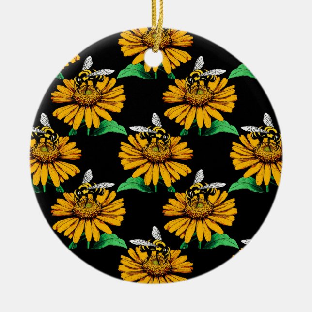 Bin på Solrosblomma Blommor Mönster Design Black Julgransprydnad Keramik (Framsidan)