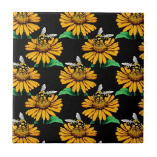 Bin på Solrosblomma Blommor Mönster Design Black Kakelplatta