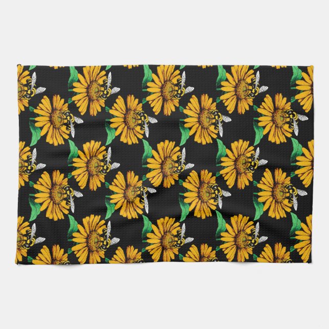 Bin på Solrosblomma Blommor Mönster Design Black Kökshandduk (Horisontell)