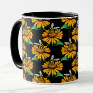 Bin på Solrosblomma Blommor Mönster Design Black Mugg