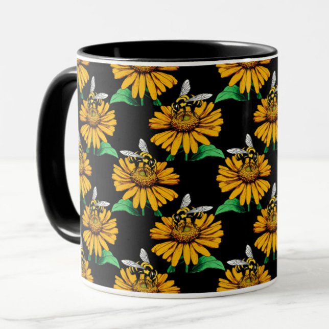 Bin på Solrosblomma Blommor Mönster Design Black Mugg (Skapare uppladdad)