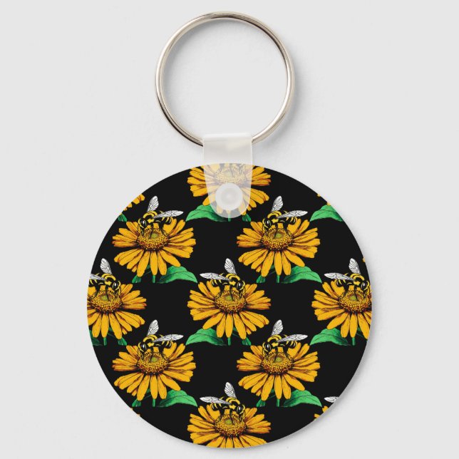 Bin på Solrosblomma Blommor Mönster Design Black Nyckelring (Framsida)