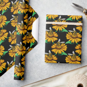 Bin på Solrosblomma Blommor Mönster Design Black Presentpapper