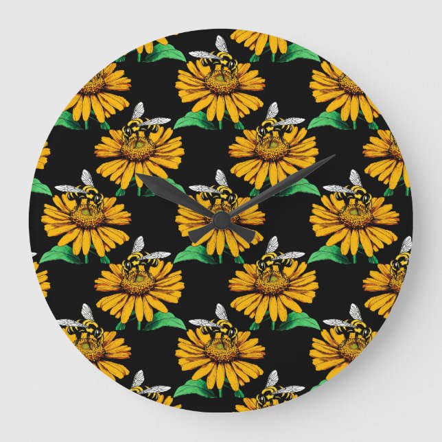 Bin på Solrosblomma Blommor Mönster Design Black Stor Klocka (Framsida)