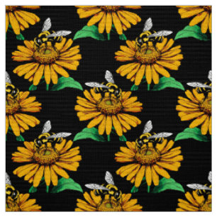 Bin på Solrosblomma Blommor Mönster Design Black Tyg