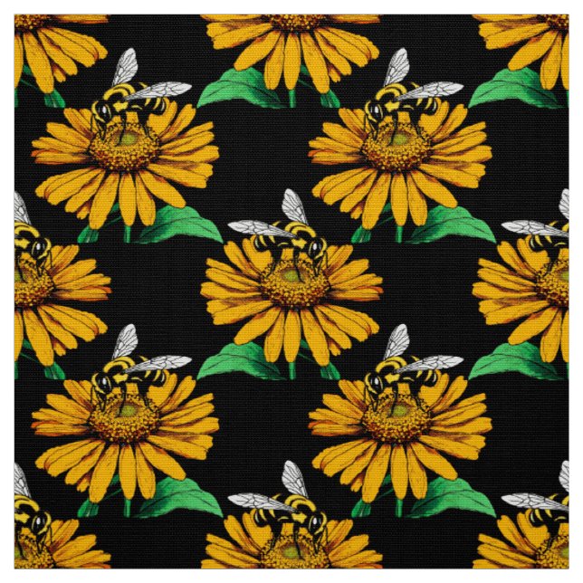 Bin på Solrosblomma Blommor Mönster Design Black Tyg (Provkarta)
