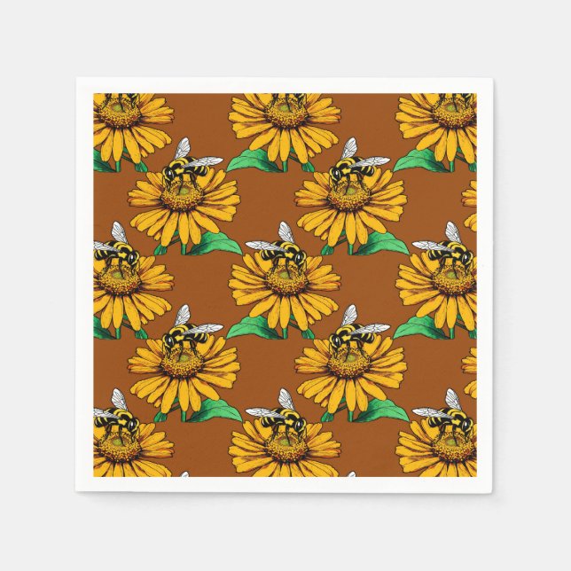 Bin på Solrosblomma Blommor Mönster Design Brown Pappersservett (Framsidan)