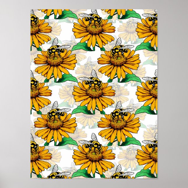 Bin på Solrosblommor i Mönster Design Poster (Framsidan)