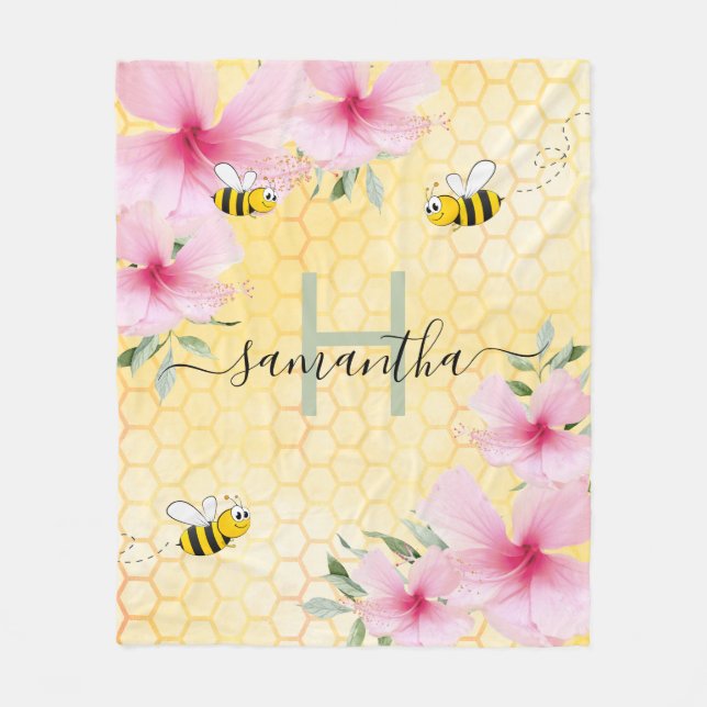 Bin rosa blommigt gult honeycomb monogram fleecefilt (Framsidan)