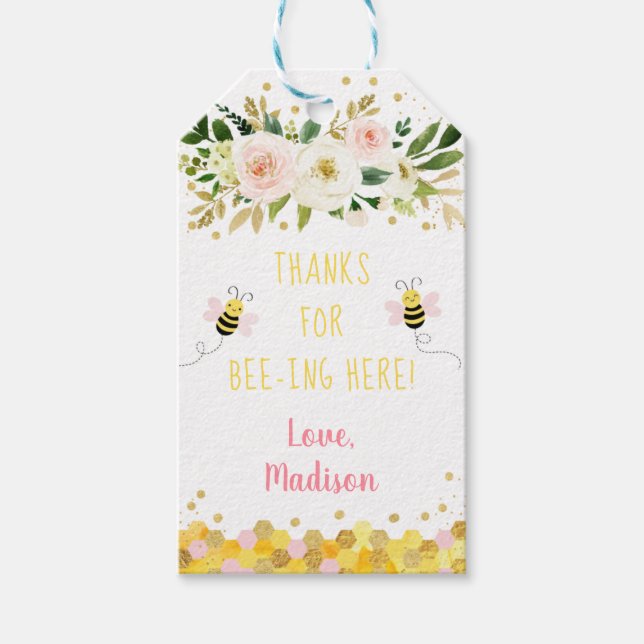 Bin Rosa Guld Blommigt Birthday Tack Presentetikett (Framsidan)