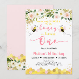 Bin Rosa Guld Blommigt Girl First Birthday Inbjudningar