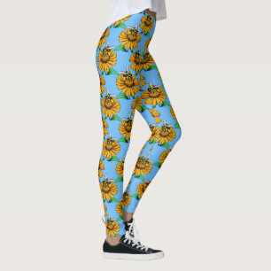 Bina på solrosblomma Mönsterdesign Blå  Leggings