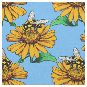 Bina på solrosblomma Mönsterdesign Blå  Tyg