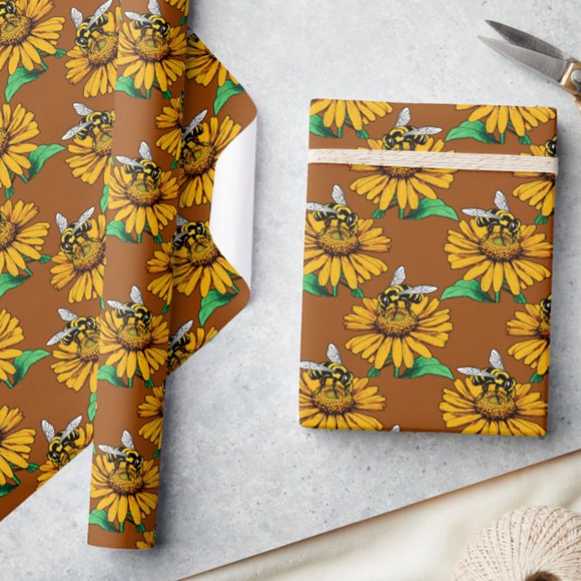 Bina på solrosblomma Mönsterdesign Brun  Presentpapper (Skapare uppladdad)