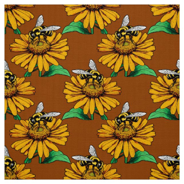 Bina på solrosblomma Mönsterdesign Brun  Tyg (Provkarta)