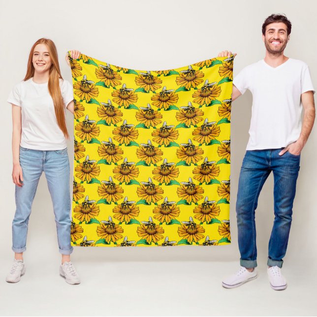 Bina på solrosblomma Mönsterdesign gul  Fleecefilt (Skapare uppladdad)