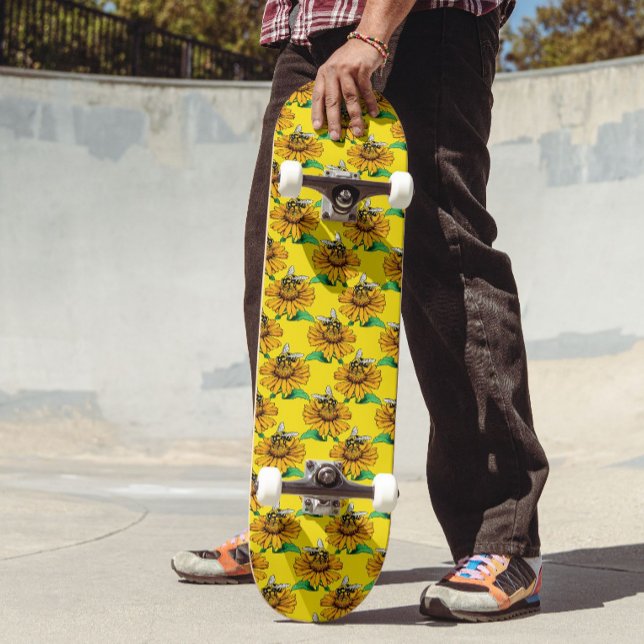 Bina på solrosblomma Mönsterdesign gul  Mini Skateboard Bräda 18,5 Cm (Skapare uppladdad)