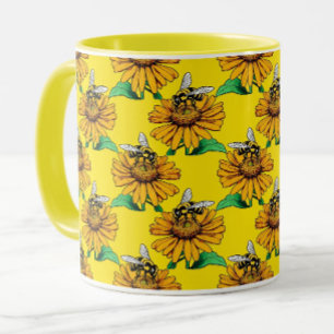 Bina på solrosblomma Mönsterdesign Gul  Mugg