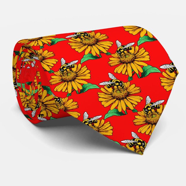 Bina på solrosblomma Mönsterdesign Röd Slips (Skapare uppladdad)