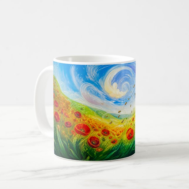 Binar driver över ett blåsigt vallmoområde kaffemugg (Framsida vänster)