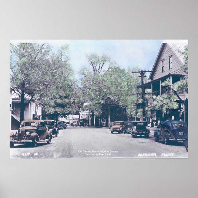 Bingham Maine - Main Street with Old Cars Poster (Framsidan)