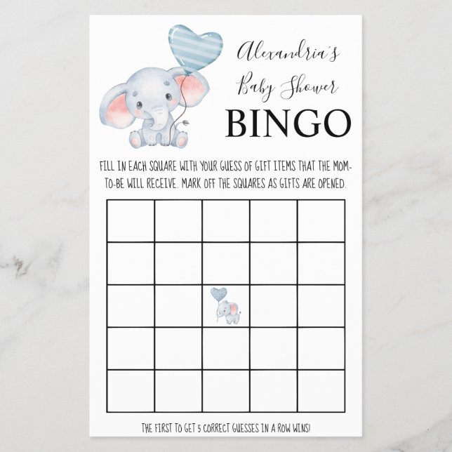 Bingo Baby Elephant Baby Shower-spelkort Flygblad (Framsidan)