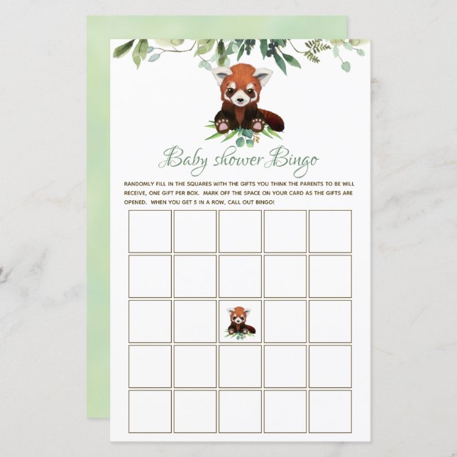 Bingo Baby Shower Game Red Panda Bear Budget (Fram/baksida)