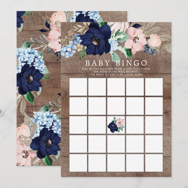 BINGO Baby Shower-spel för marin och  Blommigt Inbjudningar (Fram/baksida)