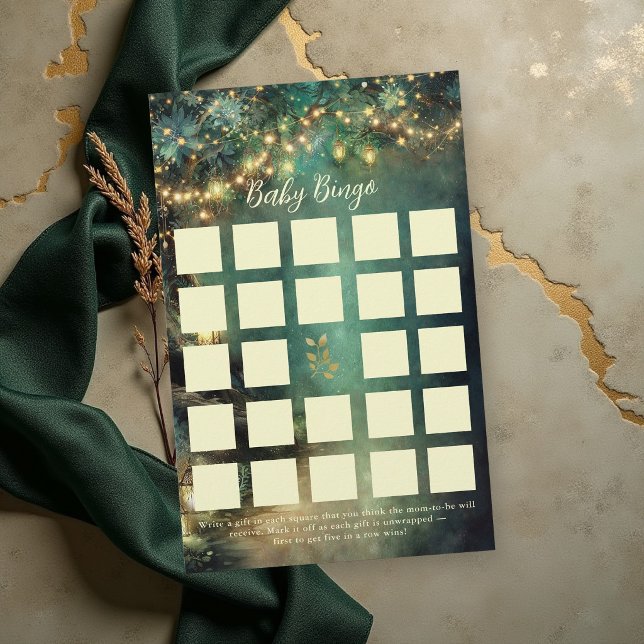 Bingo Baby Shower-spel Förtrollad Skog Lyktor Flygblad (enchanted forest baby shower game bingo emerald green gold fairy lights lanterns magical woodland)