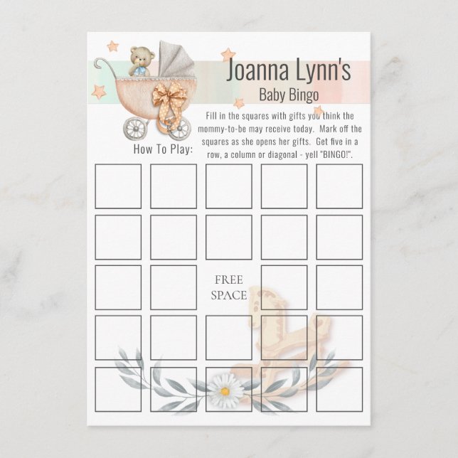 Bingo Card Baby Shower | Björn och Rocking Horse Tilläggskort (Framsida)