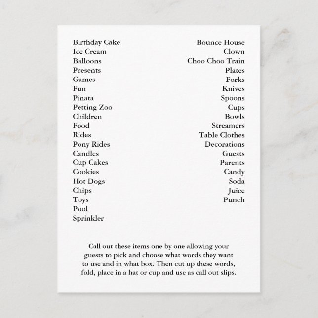 Bingo Card-Födelsedagsfest - ring ut Ord Inbjudan Vykort (Framsida)